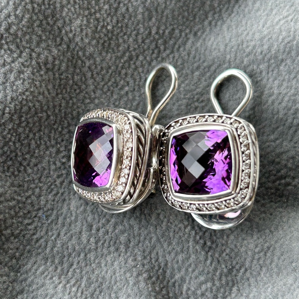 David Yurman, 11 carat Amethyst w/ Diamond accent earrings, with 18k posts
